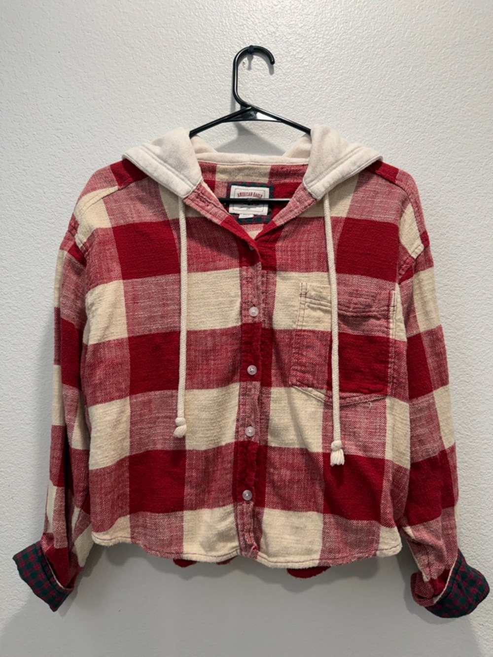American Eagle Hooded Red Cream Plaid Flannel Button-Up Shirt Women’s Medium